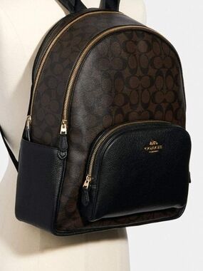 Coach Brown & Black Signature Canvas Backpack with Gold Hardware